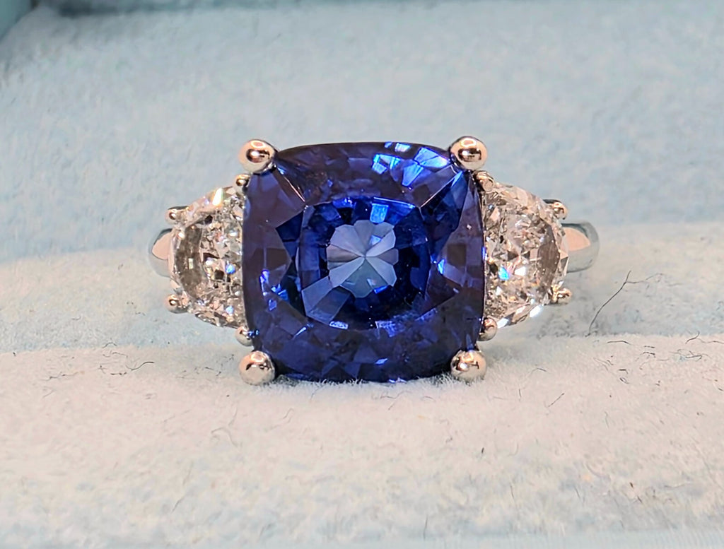 5.60 Ct Cushion Lab Grown Sapphire & Platinum Diamond Ring GIA Authenticated
