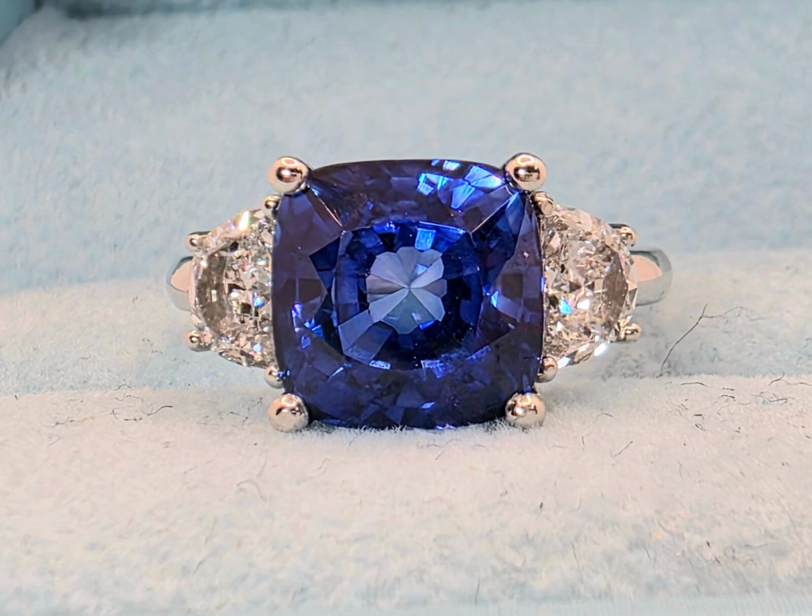 5.60 Ct Cushion Lab Grown Sapphire & Platinum Diamond Ring GIA Authenticated