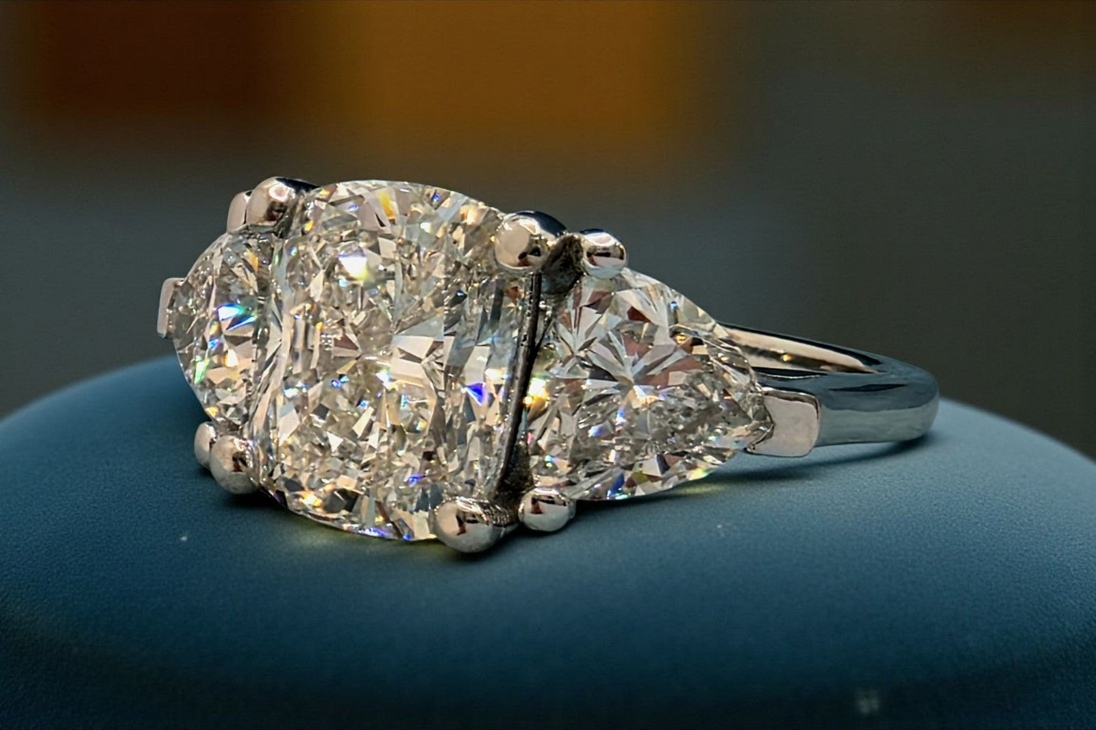 5.06 CT F VVS2 Lab Grown Cushion Diamond 3 Stone Ring IGI Certified