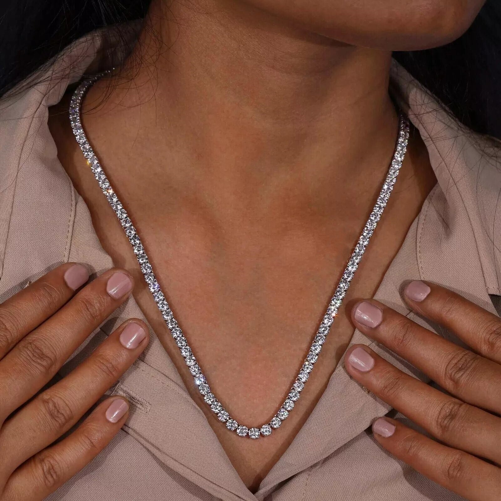 40.5 Ct E VS 14k White Gold Lab Grown Eternity Diamond Tennis Necklace, 17” NEW!