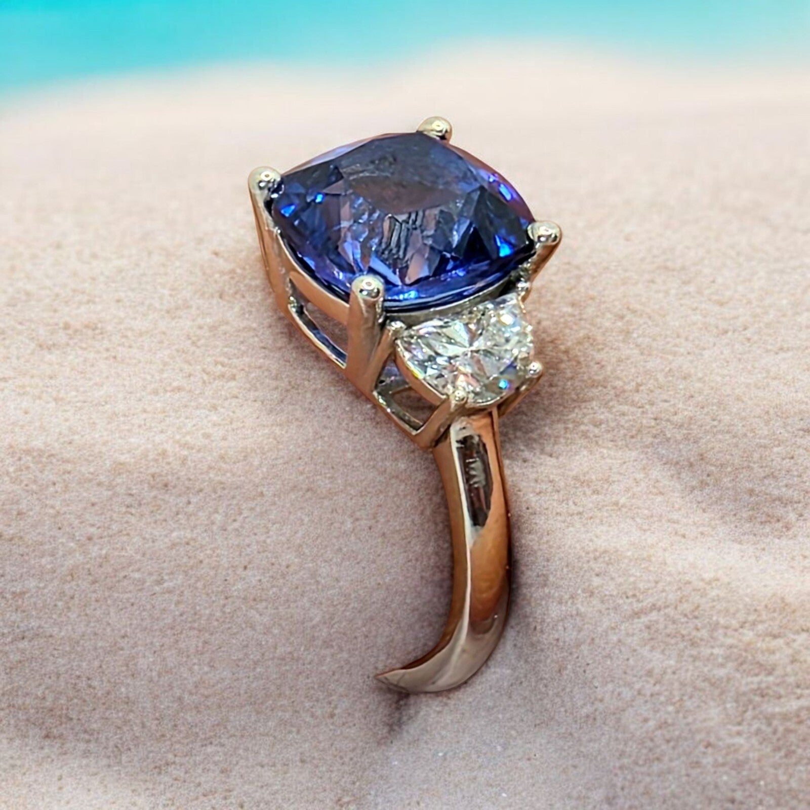 5.60 Ct Cushion Lab Grown Sapphire & Platinum Diamond Ring 14k GIA Authenticated