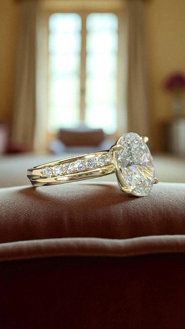 3.50 Ct E VS1 Lab Grown Oval Diamond Ring With Diamond Band IGI Certified