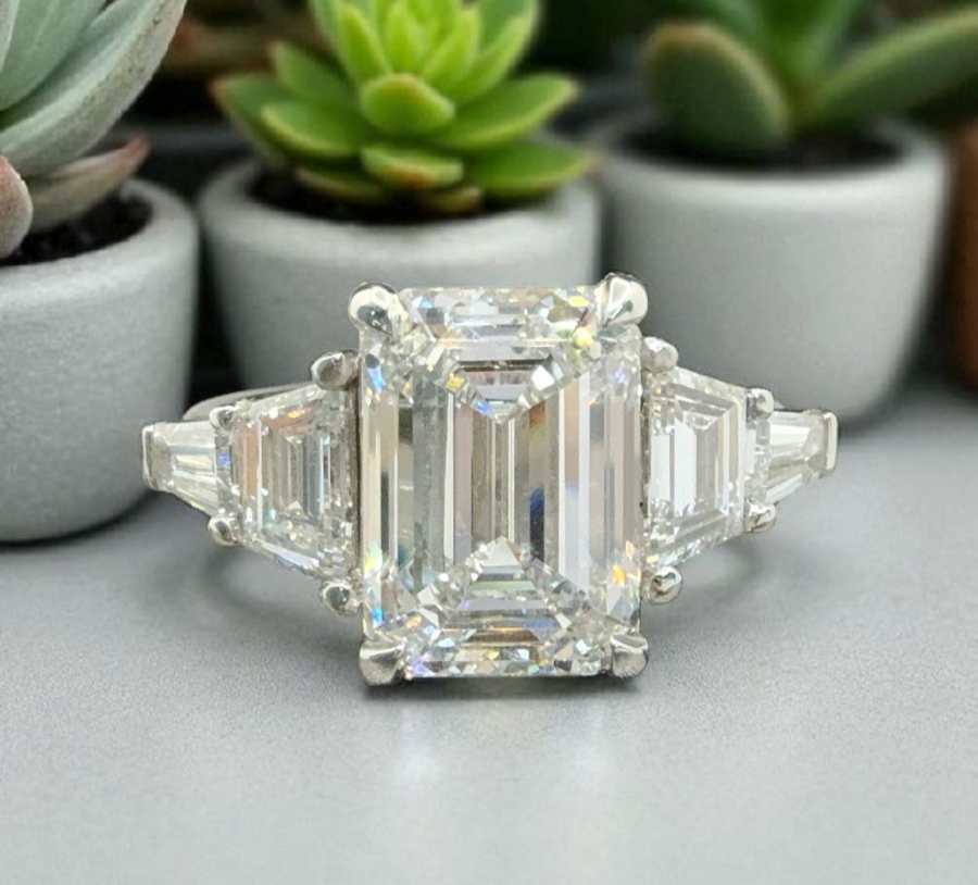 4.80 Carat E VS1 Platinum Emerald Cut IGI Lab Grown Diamond Ring and Curved Band