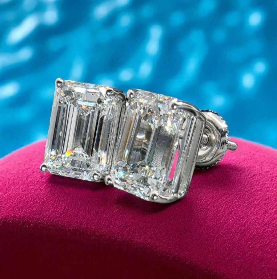 3 Ct Emerald Cut E VVS2 Lab Grown Diamond Stud Earrings 14K Gold IGI