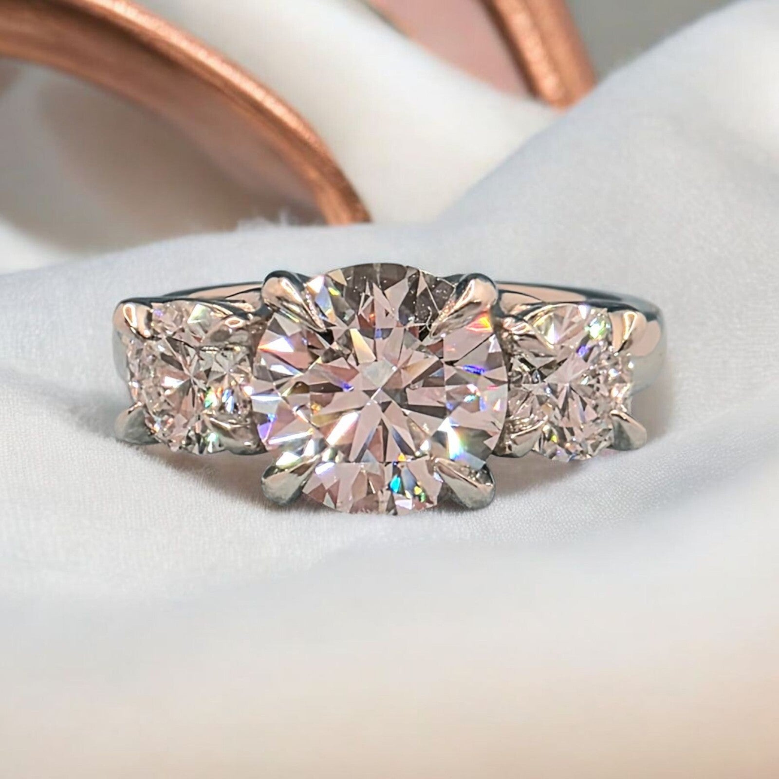 3.00 Ct D VS1 Round Diamond Three 3 Stone Ring IGI Certified Lab Grown Platinum