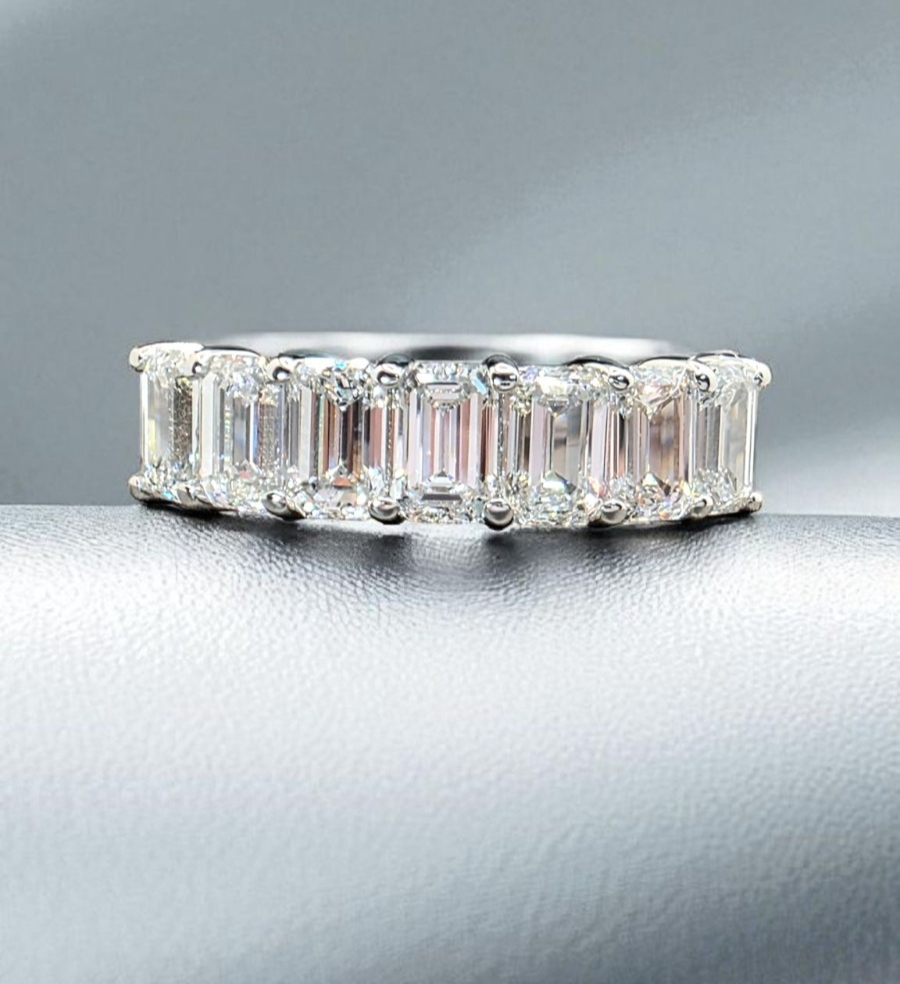 3.00 Carat 7 Stone Lab Grown Emerald Cut Diamond Band 3mm Platinum