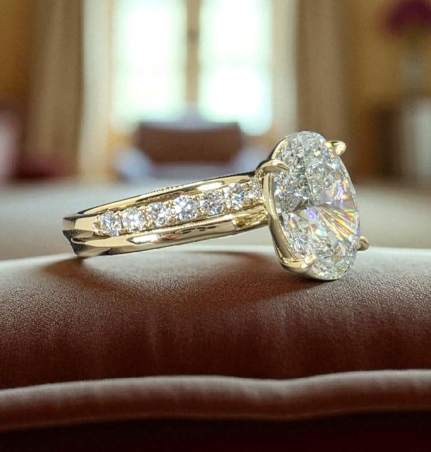 3.50 Ct E VS1 Lab Grown Oval Diamond Ring With Diamond Band IGI Certified 14k