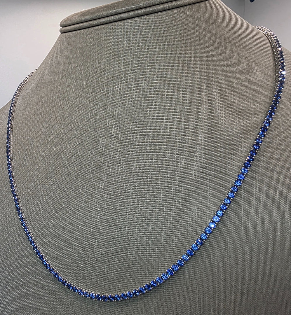 15.00 Ct 14k White Gold Lab Grown Eternity Sapphire Tennis Necklace, 20” NEW!