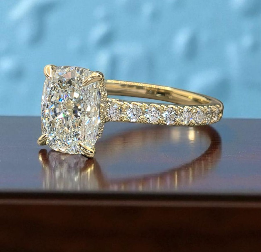 2.80 Cushion F VS1 14k Yellow Lab Grown Diamond Ring IGI Certified