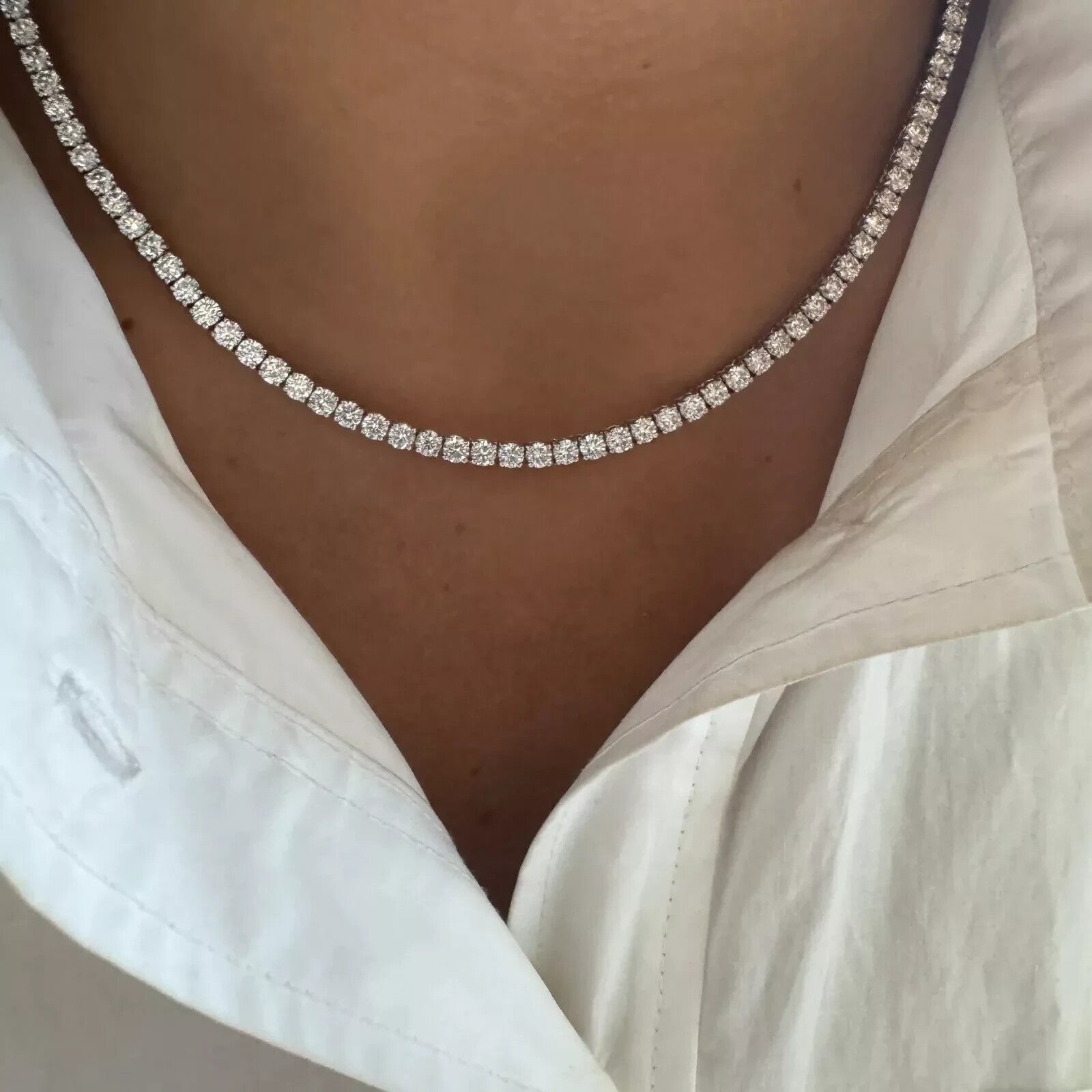 18.30 Ct 14K White Gold Lab-Grown Eternity Diamond Tennis Necklace, 17” NEW!