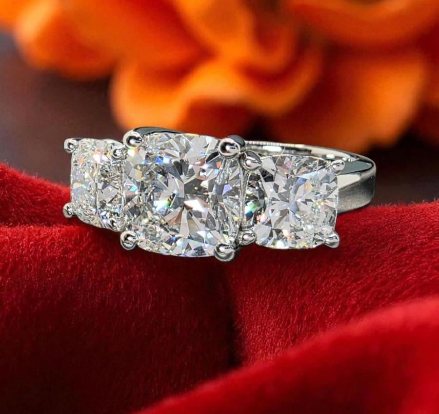 4.50 CT E VS1 Lab Grown Cushion Diamond Three Stone Engagement Ring IGI 14k