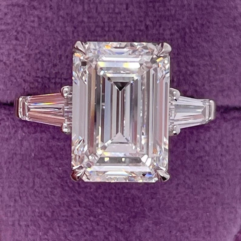 5.35 Ct IGI E VS1 Emerald Cut Lab Grown Diamond Side Baguette Three Stone Ring