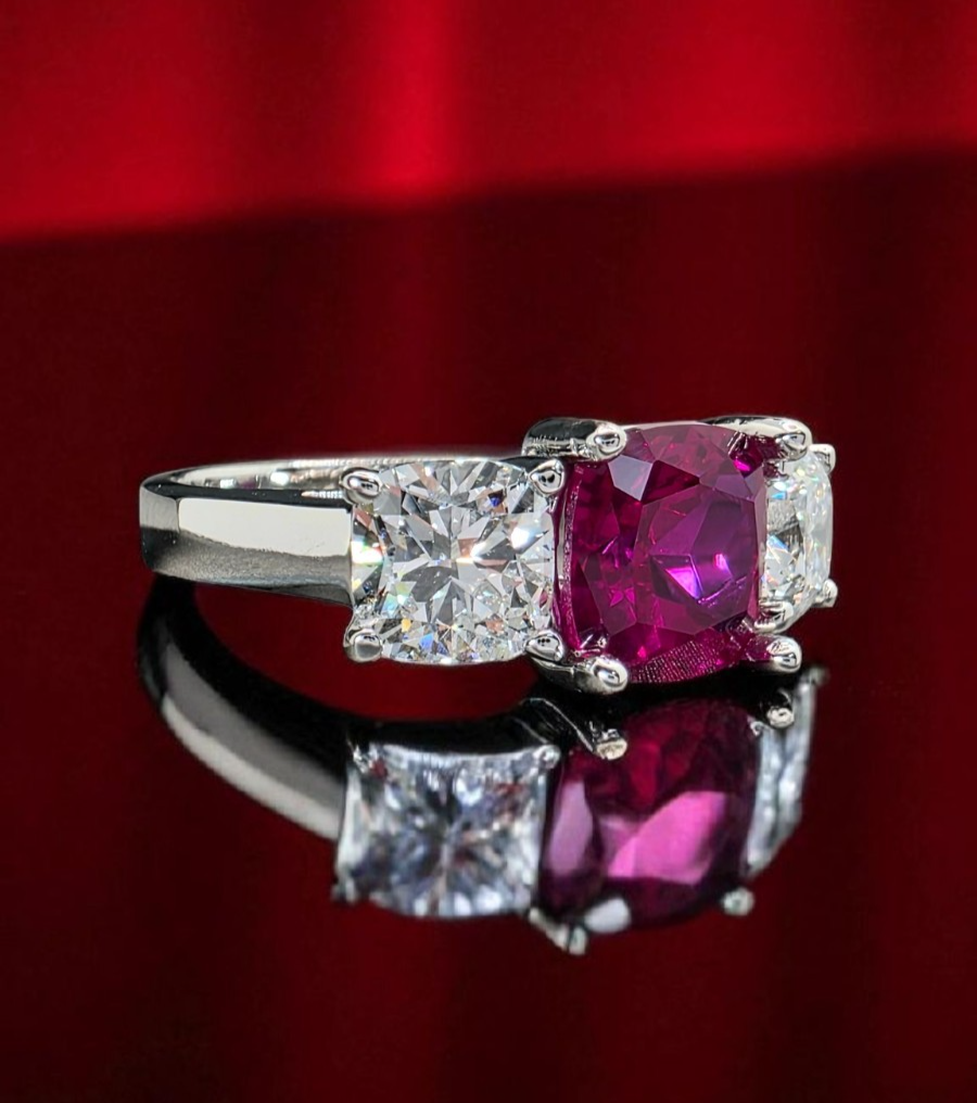 4.80 Ct Cushion Lab Grown Ruby and Diamond Ring 14k IGI GIA Authenticated