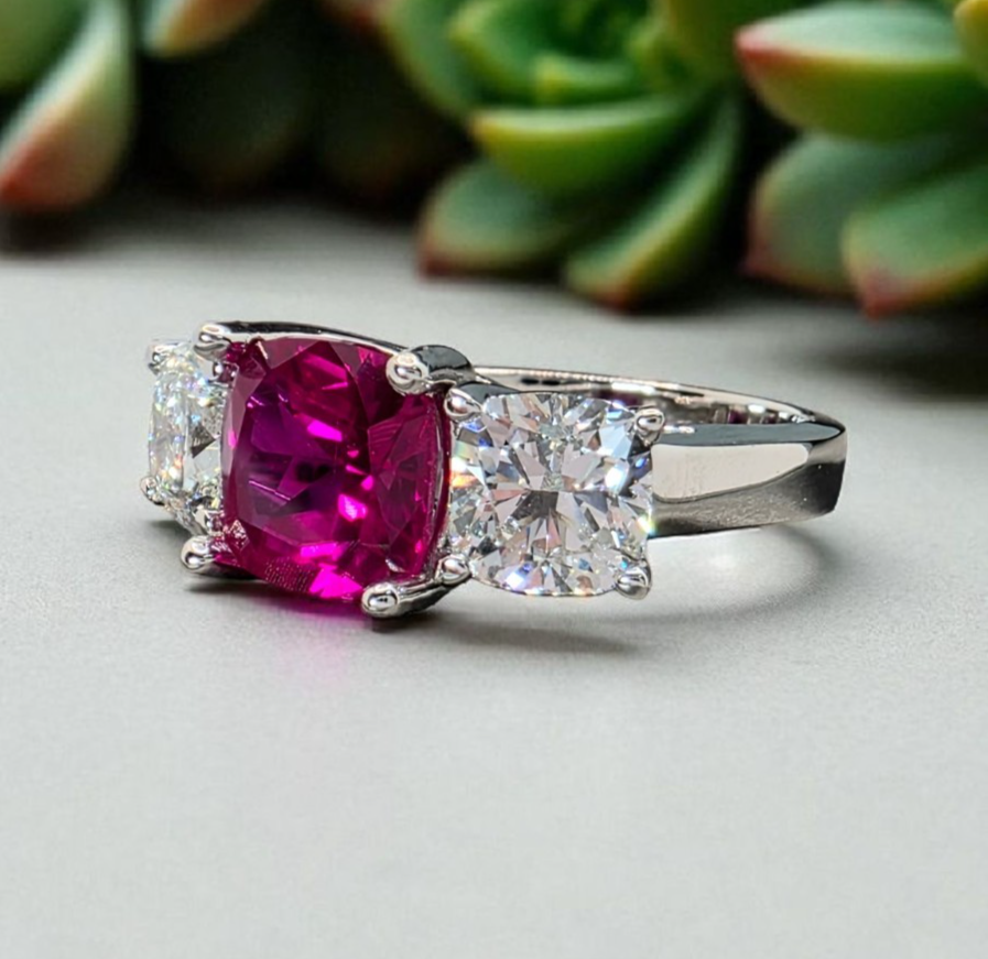 4.80 Ct Cushion Lab Grown Ruby and Diamond Ring Platinum IGI GIA Authenticated