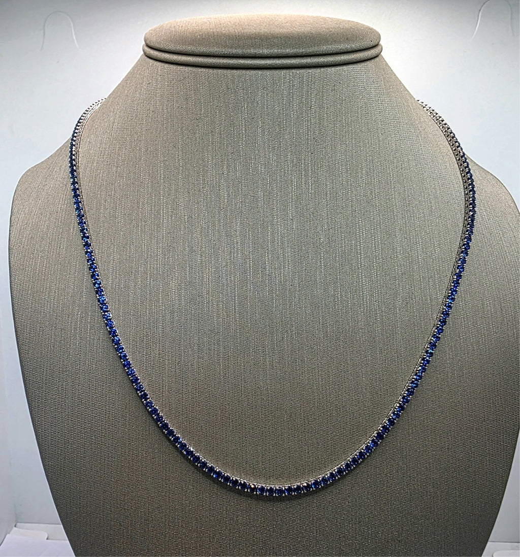 14.00 Ct 14k White Gold Lab Grown Eternity Sapphire Tennis Necklace, 17” NEW!