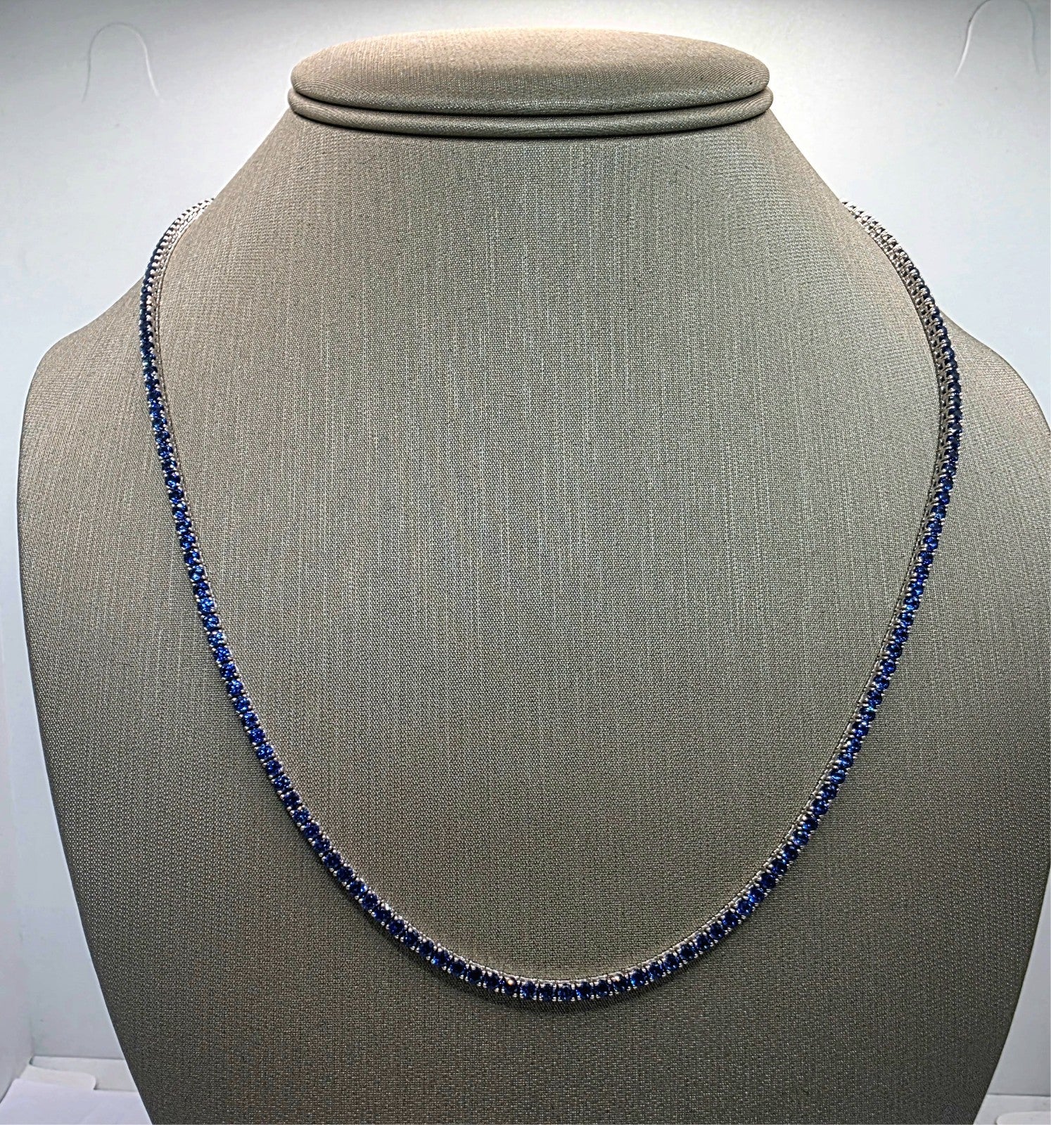 14.00 Ct 14k White Gold Lab Grown Eternity Sapphire Tennis Necklace, 17” NEW!