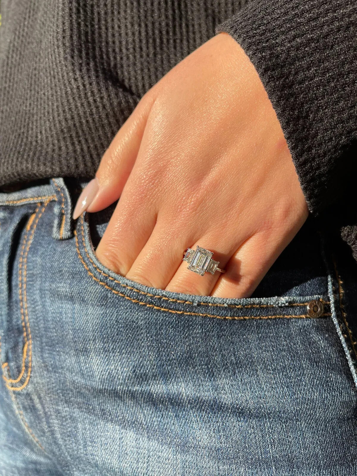 5 Carat IGI CERTIFIED E VS1 Emerald Cut Lab Grown Diamond Three Stone Ring 14k