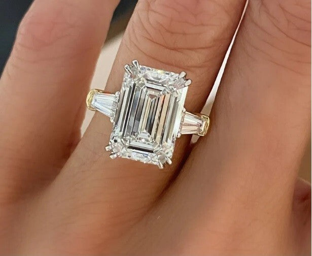 6.50 Ct Emerald Cut E VS1 14k Yellow Gold Lab Grown Diamond Ring IGI Certified