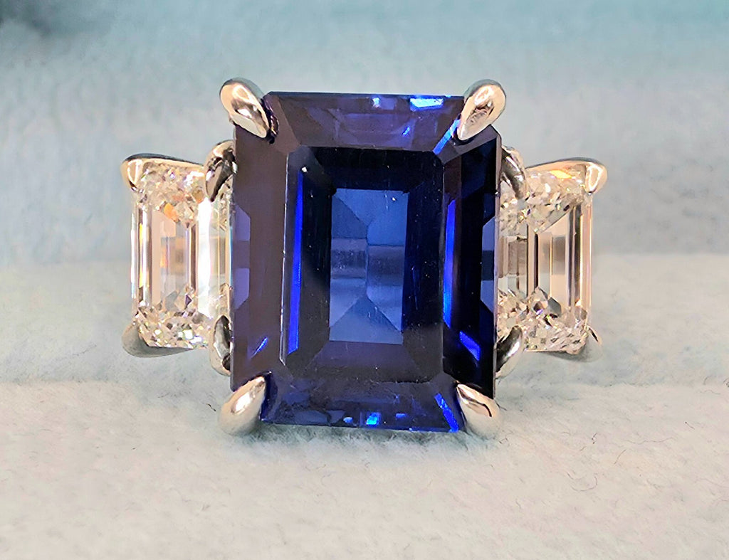 10.30 Ct Emerald Cut Lab Grown Sapphire and Diamond Ring 14k GIA Authenticated