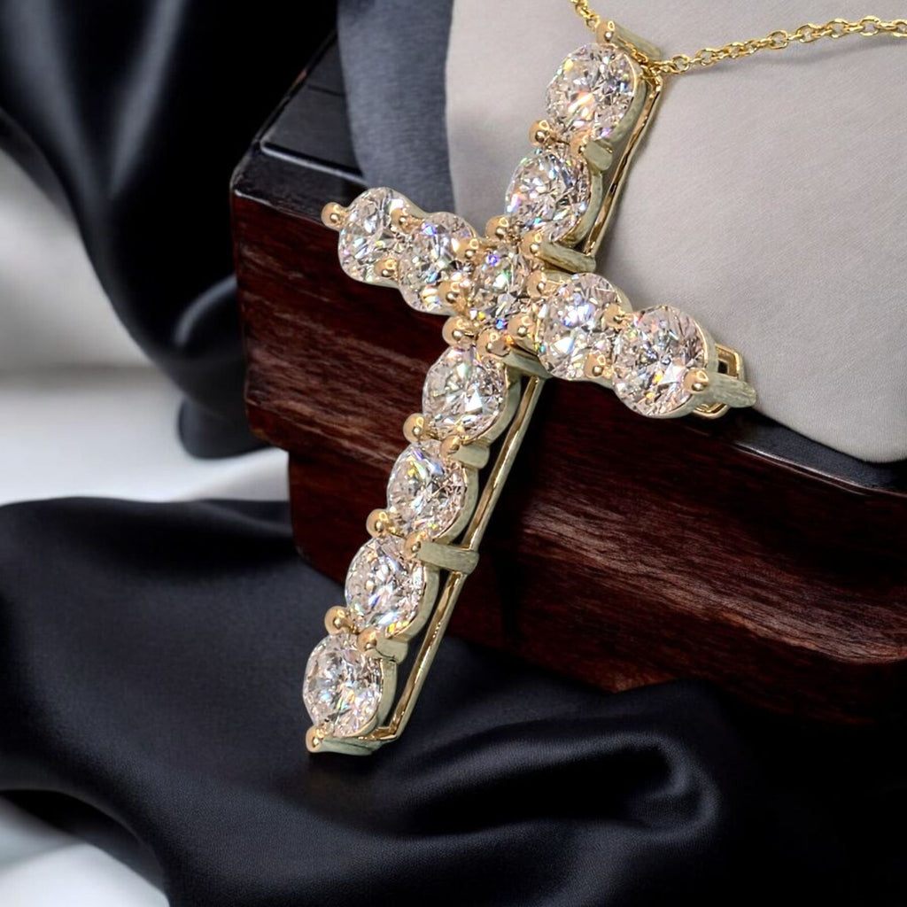7.73 Ct E VS Round Lab Grown Large Diamond Cross Pendant Necklace 14k Gold
