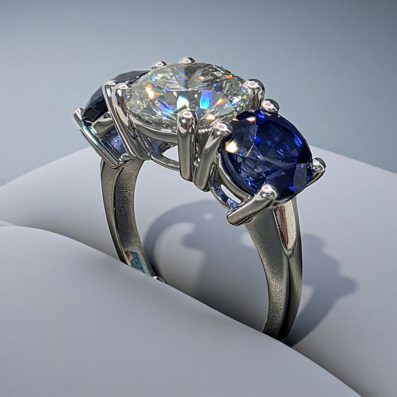 4.00 Ct D VS1 Sapphire and Diamond Lab Grown 3 Stone Ring 14k White Gold