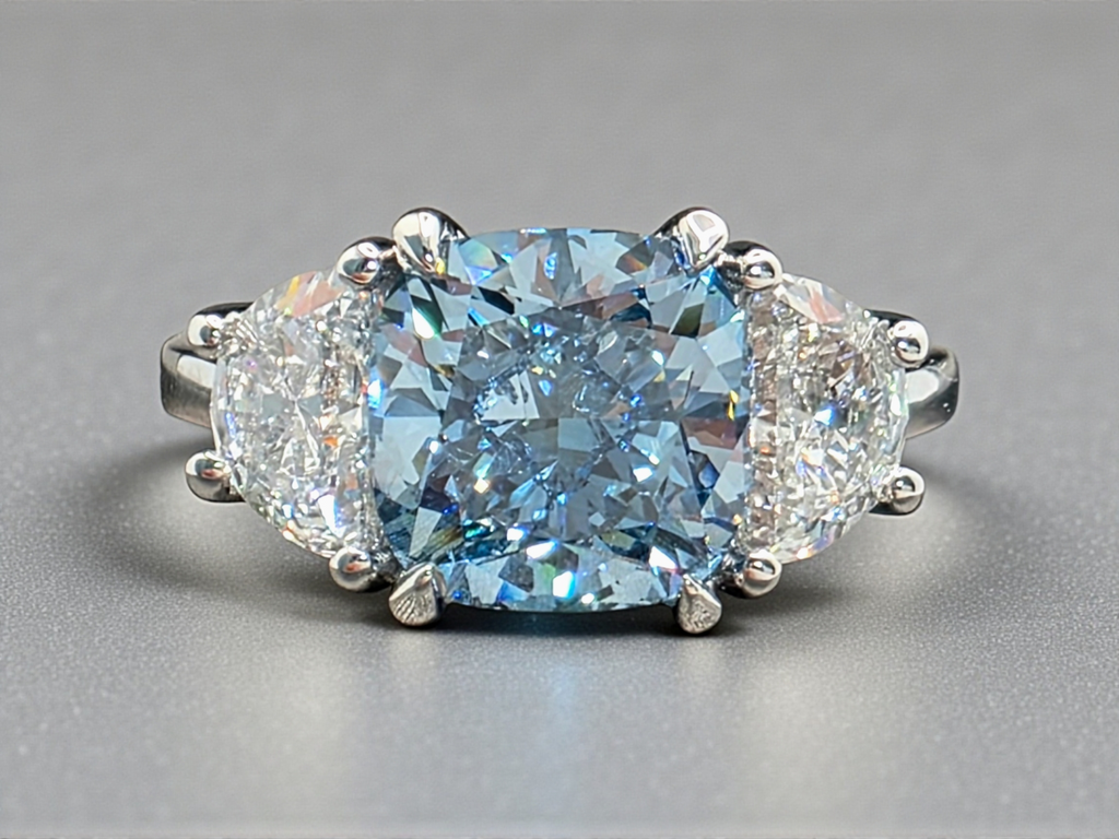 4.08 Ct IGI Certified Fancy Vivid Blue Cushion Lab Grown Diamond Ring Platinum