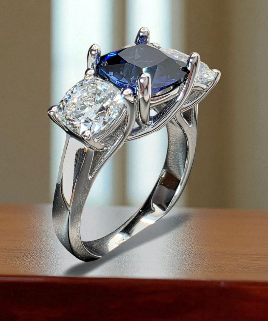 4.70 Ct Cushion Lab Grown Sapphire and Diamond Ring Platinum IGI GIA Authentic