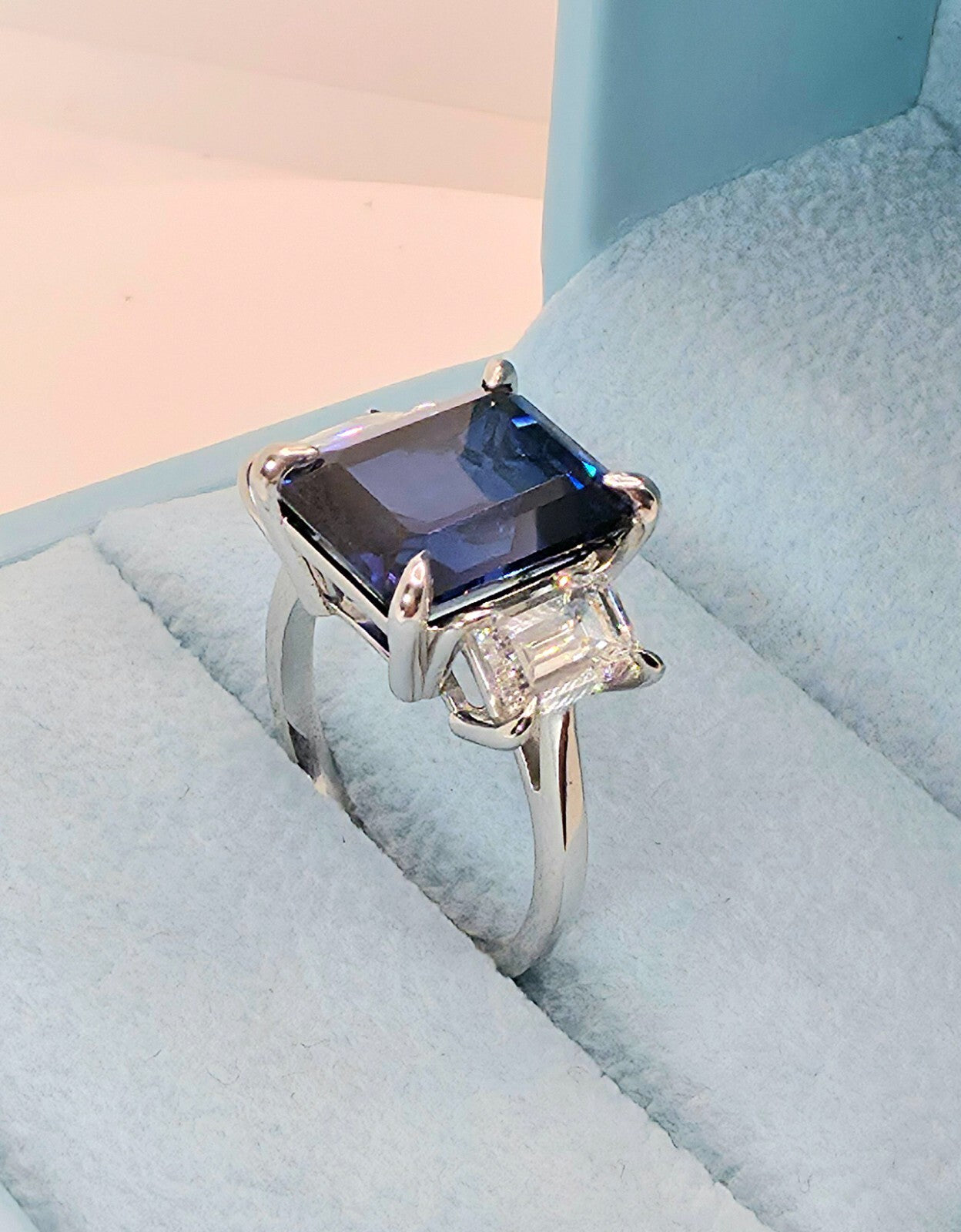 10.30 Ct Emerald Cut Lab Grown Sapphire and Diamond Ring 14k GIA Authenticated