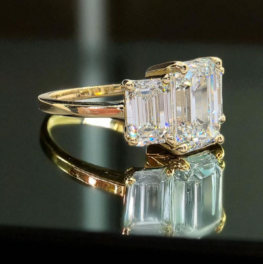 5 Carat IGI CERTIFIED D VS1 Emerald Cut Lab Grown Diamond Three Stone Ring 14k
