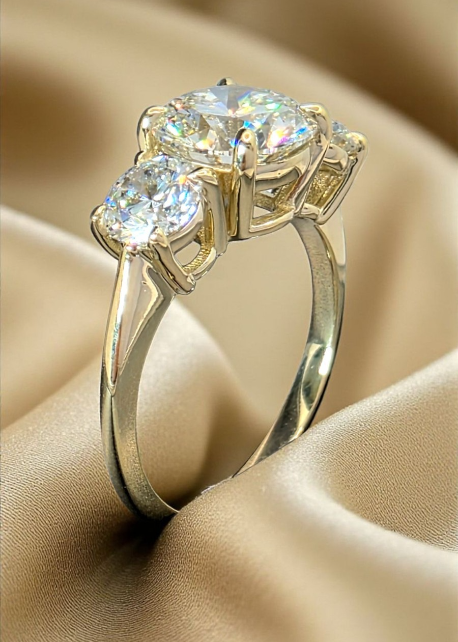3.00 Ct D VS1 Lab Grown Round Cut Diamond Three Stone Engagement Ring 14k Gold
