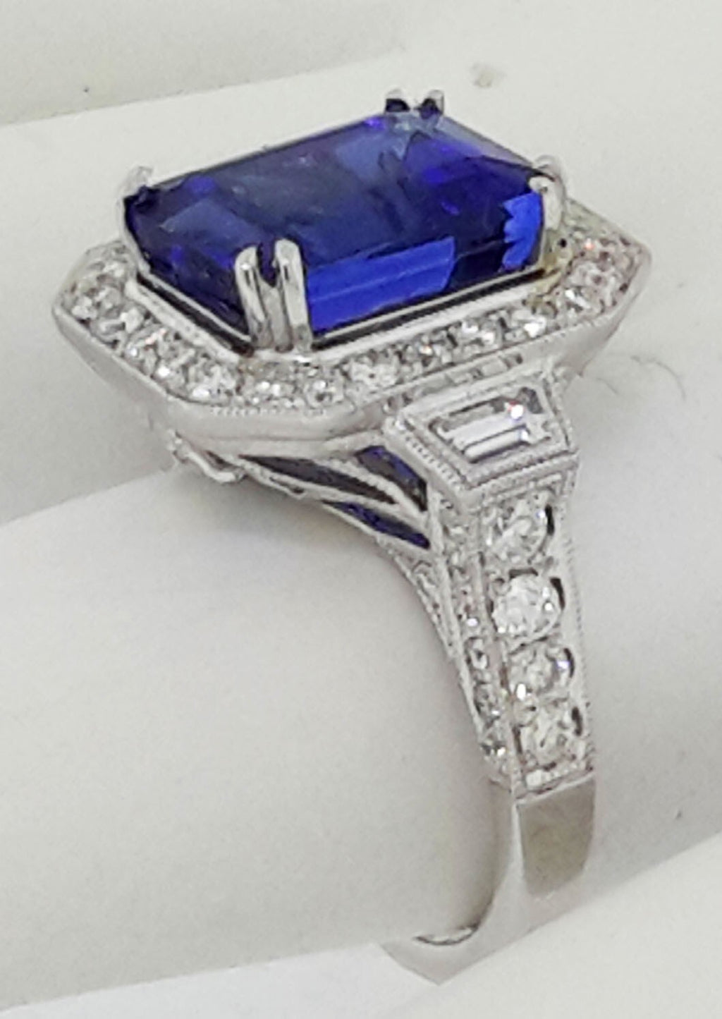 6.95 Carat Tanzanite and Diamond Ring Set in 14k White Gold