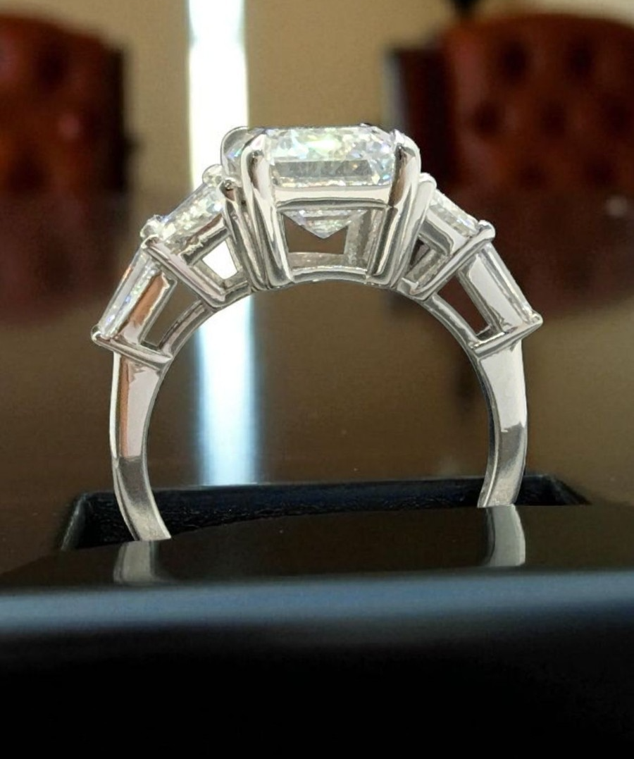 4.80 Carat E VS1 Platinum Emerald Cut IGI Lab Grown Diamond Ring and Curved Band