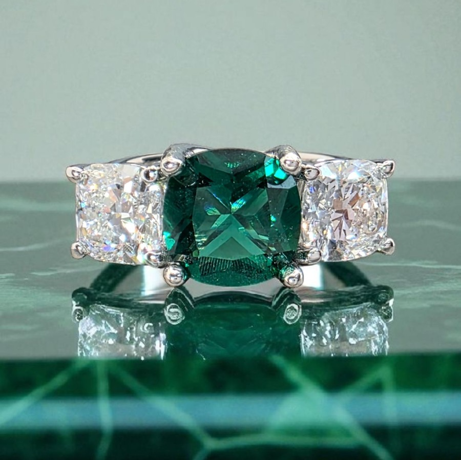 4.00 Ct Cushion Lab Grown Emerald and Diamond Ring 14k IGI GIA Authenticated