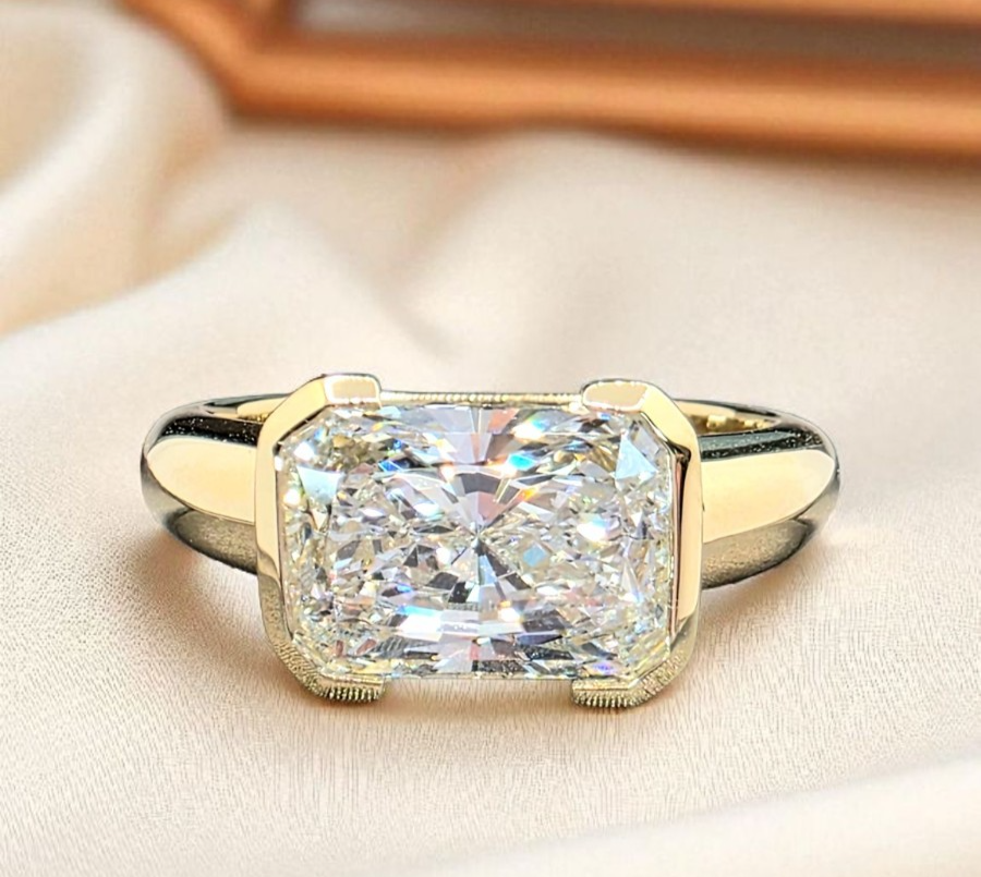3.00 Ct IGI D VS1 Certified Radiant Cut Lab Grown Diamond Ring East West 14k