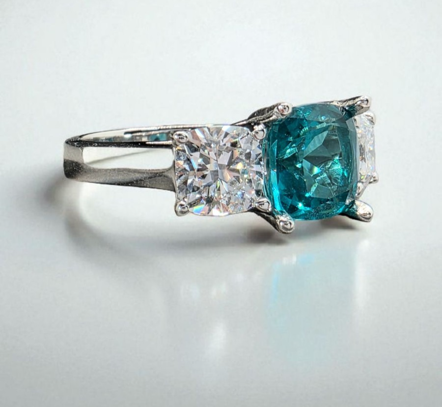 4.00 Ct Cushion Lab Grown Paraiba Tourmaline and Diamond Ring 14k IGI GIA