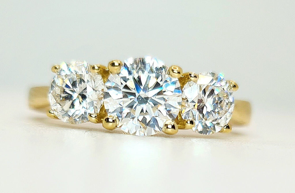 2.20 Carat Round Diamond Three 3 Stone Ring IGI Certified Lab Grown 14k Yellow