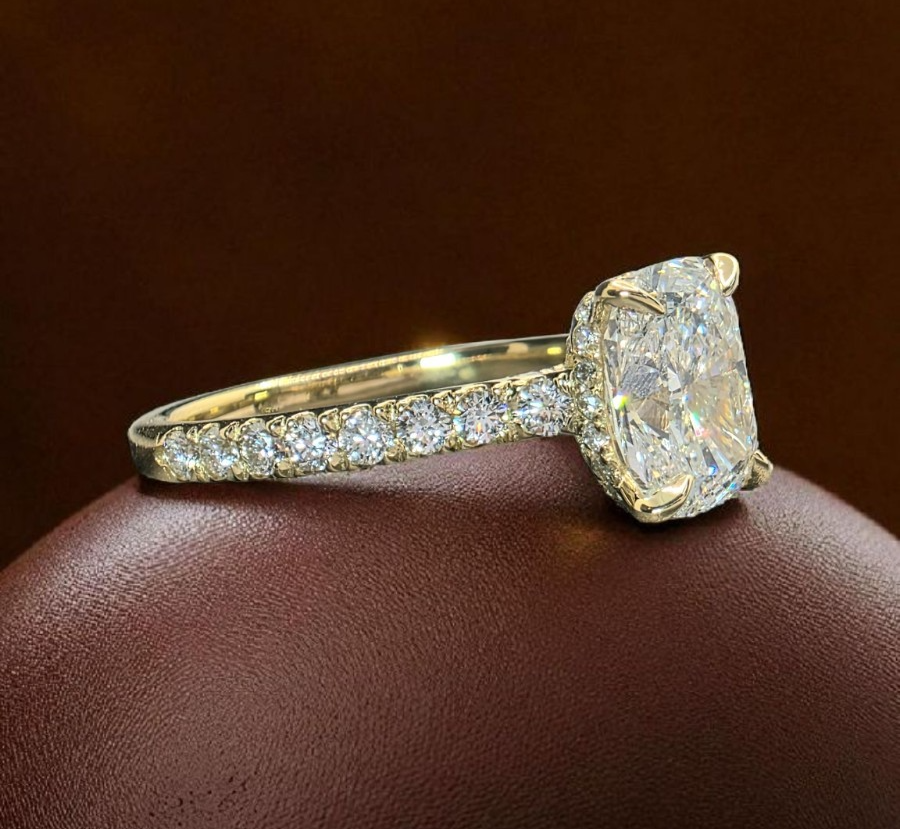 2.80 Cushion F VS1 14k Yellow Lab Grown Diamond Ring IGI Certified