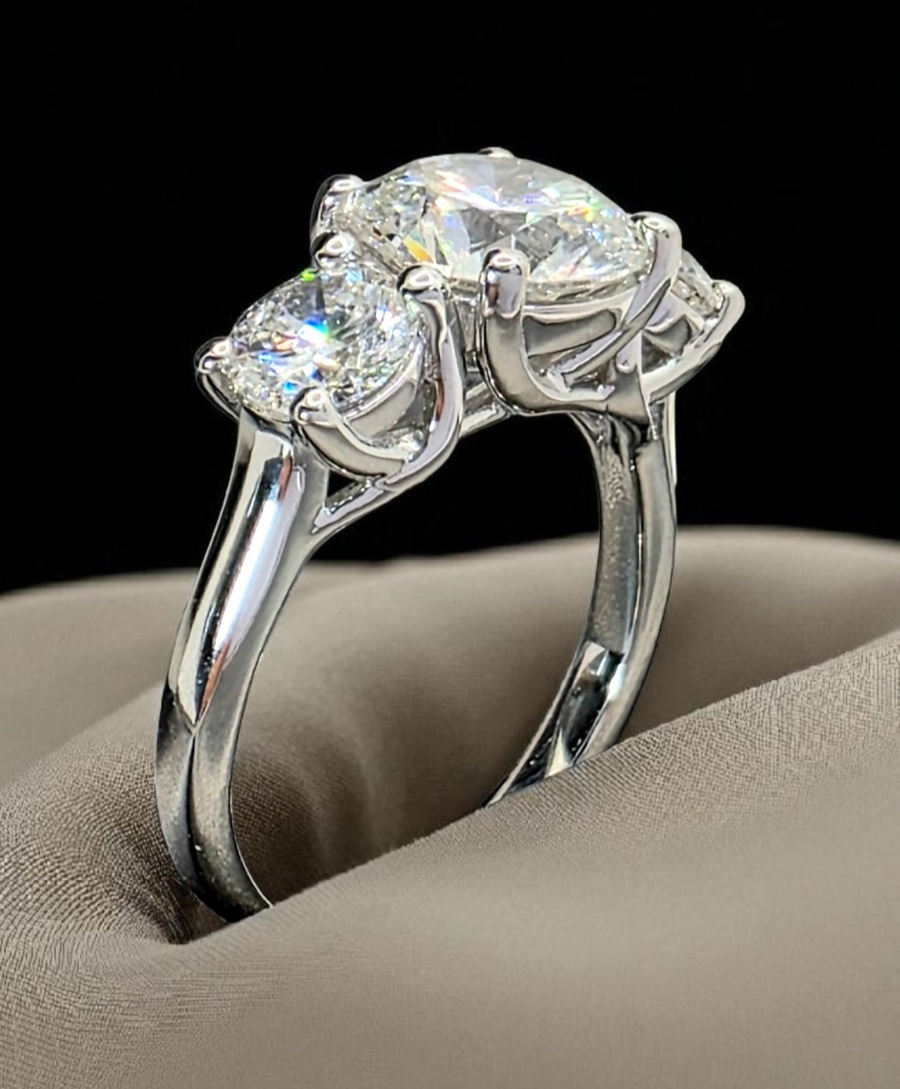 3.00 Ct D VS1 Lab Grown Round Cut Diamond Three Stone Engagement Ring IGI 14k