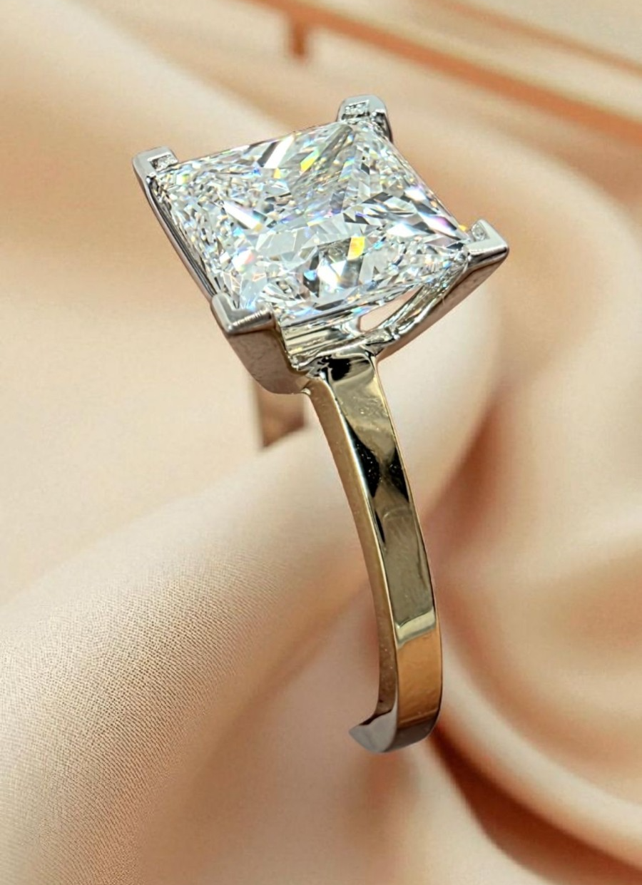 3.00 Carat E VS1 Princess Cut Lab Grown Diamond Engagement Ring 14K Two Tone IGI