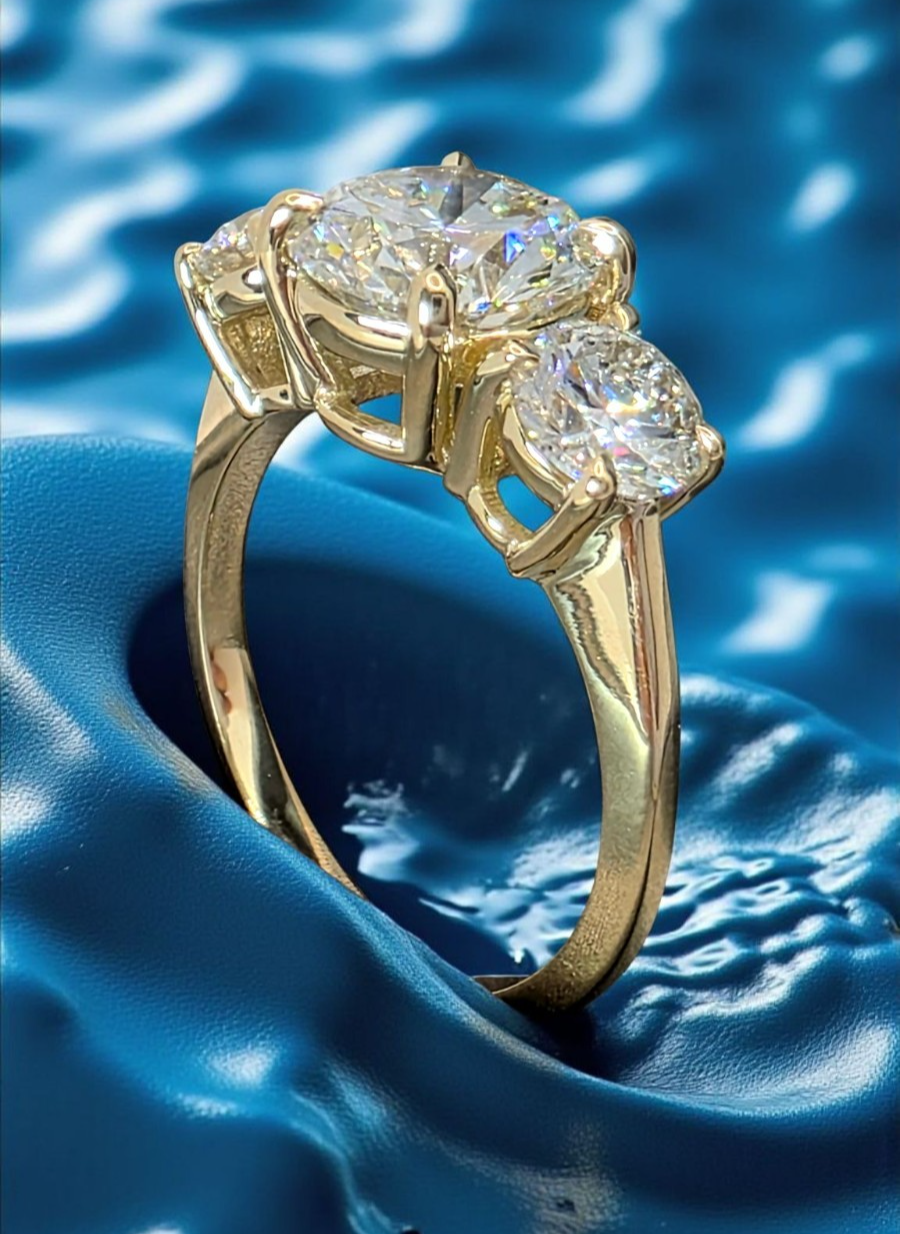 3.00 Ct D VS1 Lab Grown Round Cut Diamond Three Stone Engagement Ring 14k Gold