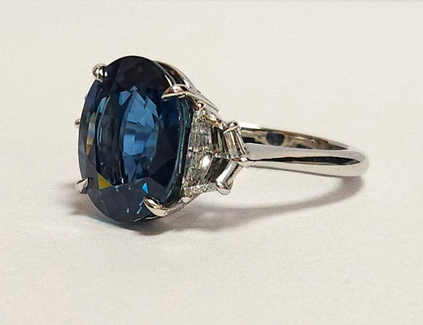 Authenticated 3-Stone Natural Oval Sapphire & Shield Cut Diamond Engagement Ring