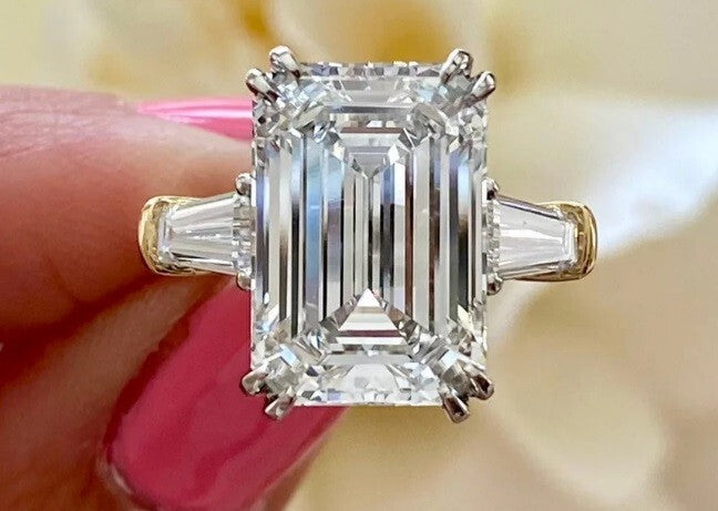 6.50 Ct Emerald Cut E VS1 14k Yellow Gold Lab Grown Diamond Ring IGI Certified