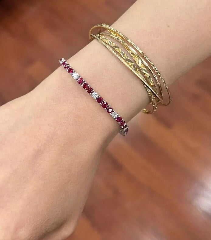 8.56 Carat Red Ruby & Diamond Tennis Bracelet 14k White Gold Natural Diamonds