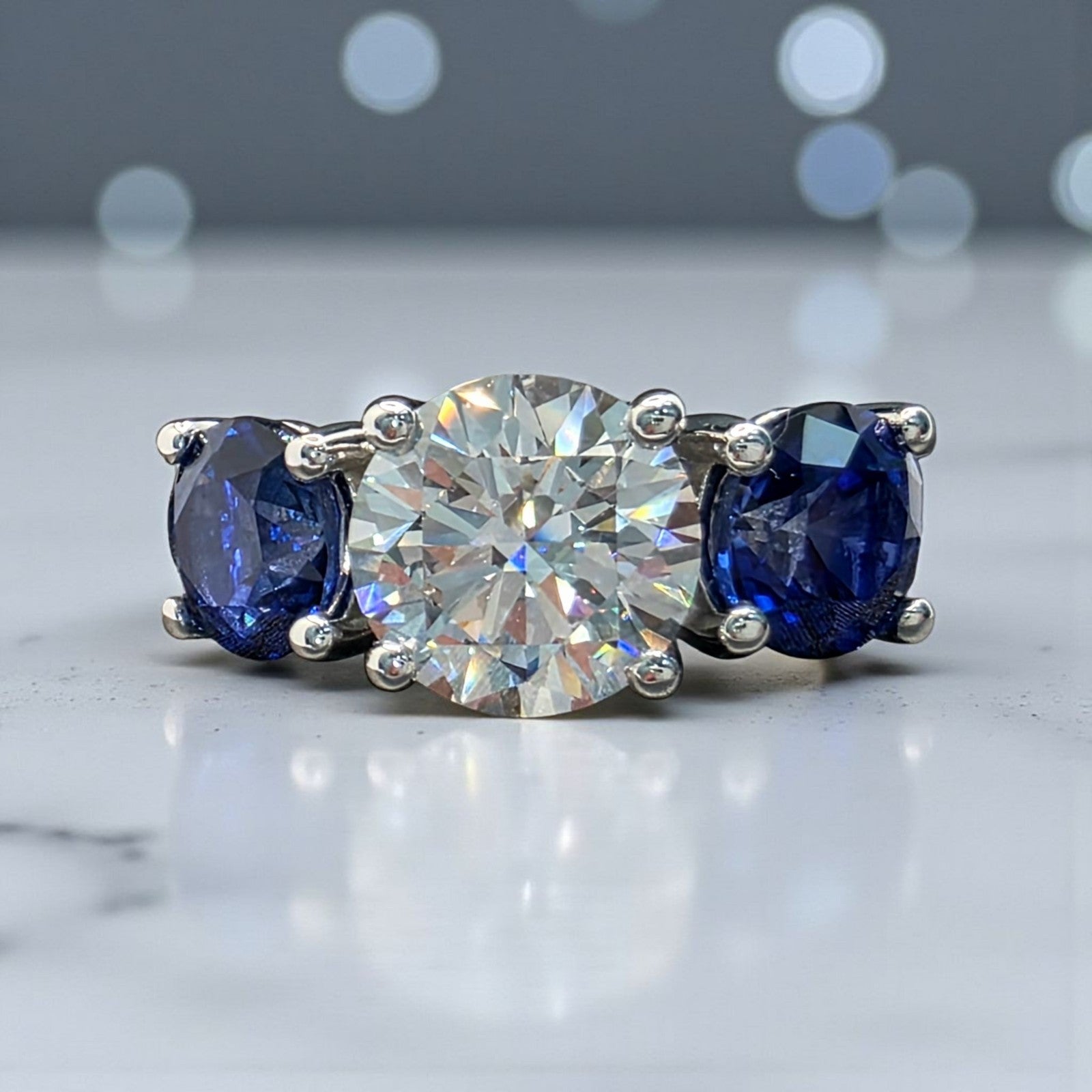 6.00 Ct E VS1 Sapphire and Diamond Lab Grown 3 Stone Ring 14k White Gold