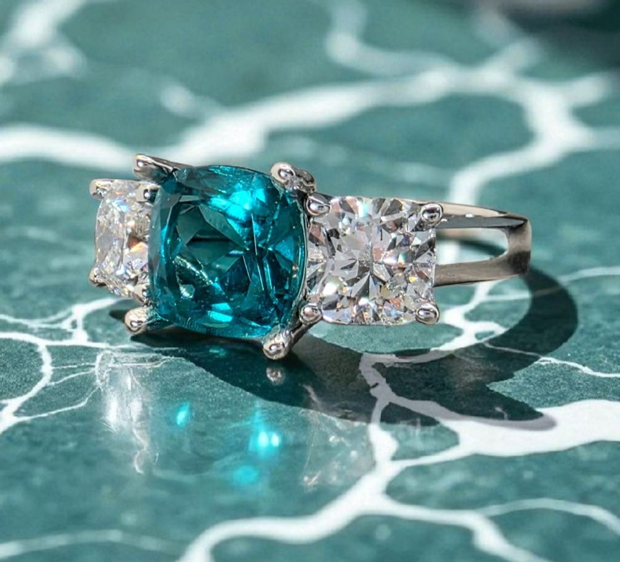 4.00 Ct Cushion Lab Grown Paraiba Tourmaline and Diamond Ring 14k IGI GIA