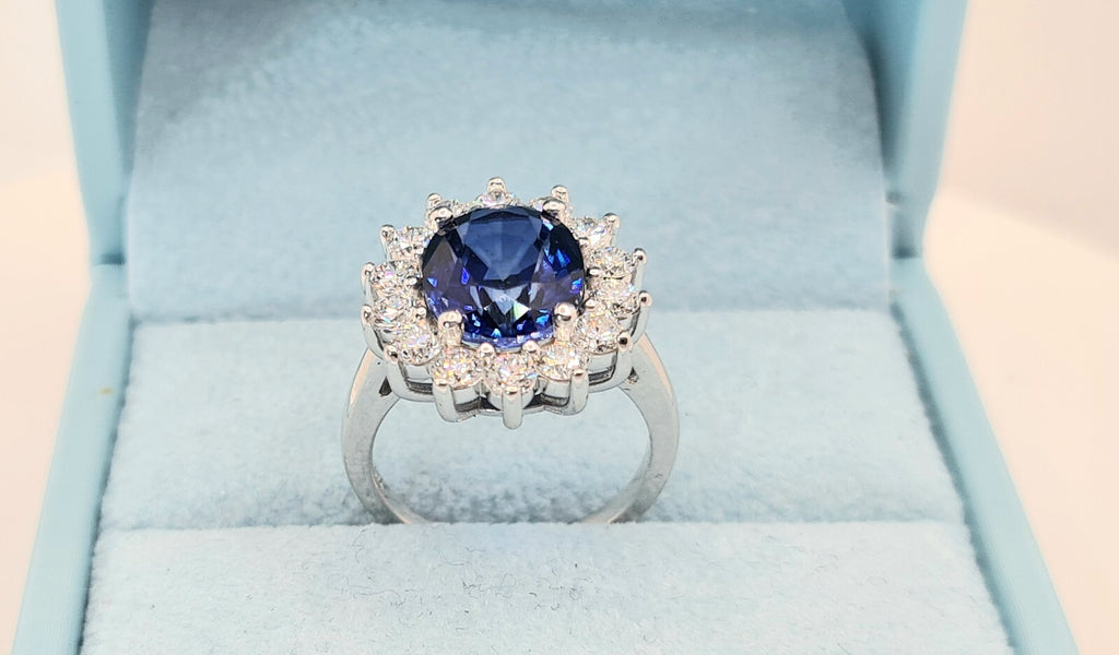 6.44 Ct Lady Di Lab Grown Sapphire and Diamond Ring 14k White GIA Authenticated