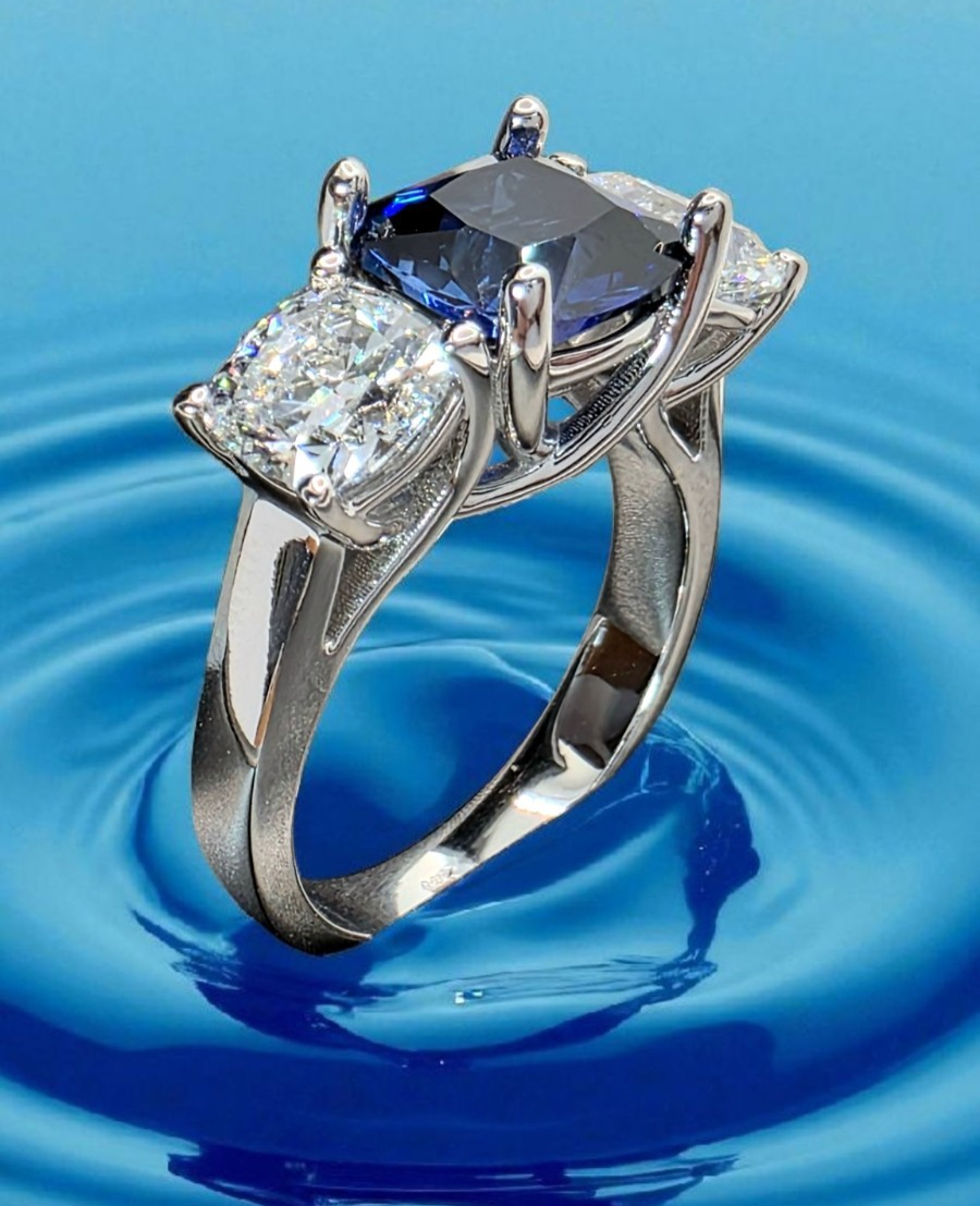 4.70 Ct Cushion Lab Grown Sapphire and Diamond Ring Platinum IGI GIA Authentic