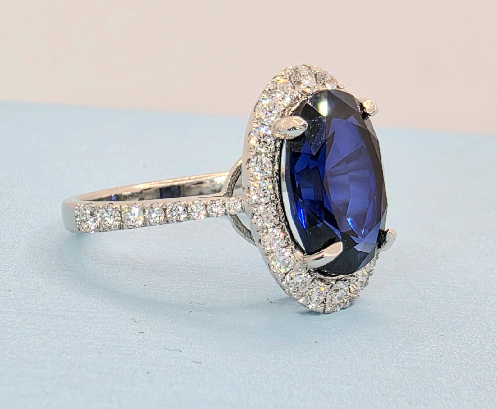 4.68 Ct Lady Di Lab Grown Sapphire and Diamond Ring 14k White GIA Authenticated