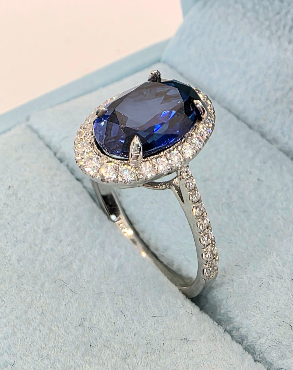 4.68 Ct Lady Di Lab Grown Sapphire and Diamond Ring 14k White GIA Authenticated