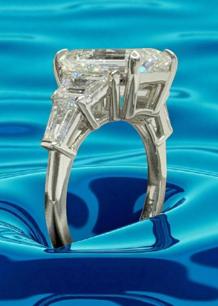 4.80 Carat E VS1 Platinum Emerald Cut IGI Lab Grown Diamond Ring and Curved Band
